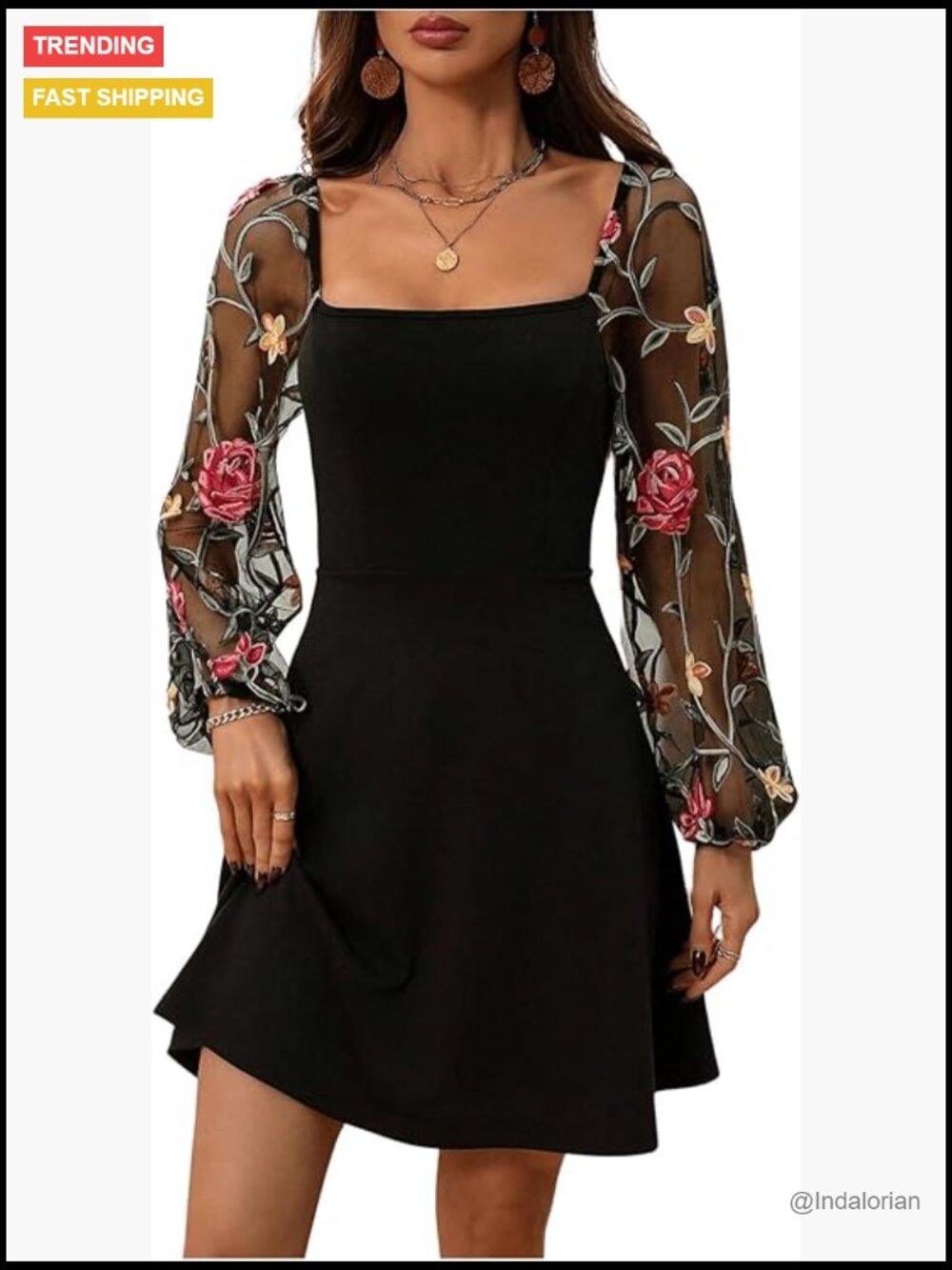Floral Mesh Bishop Long Sleeve Square Neck A Line Dress